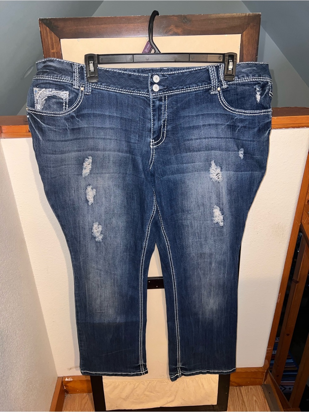 Women’s Straight Leg Distressed Dark Blue Jeans